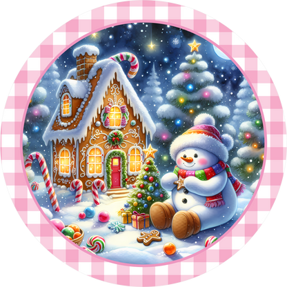 Snowman by the Gingerbread House — Winter Round Wreath Sign