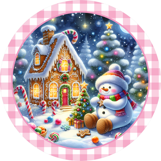 Snowman by the Gingerbread House — Winter Round Wreath Sign