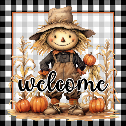Welcome Fall Scarecrow Pumpkins Cornstalks Buffalo Plaid Square Wreath Sign padded test