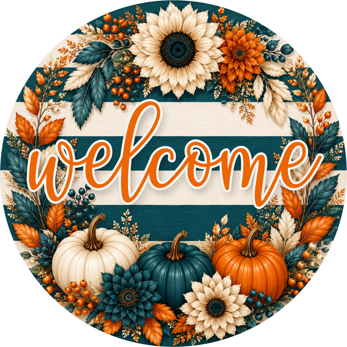 Welcome Blue Orange Striped Round Wreath Sign