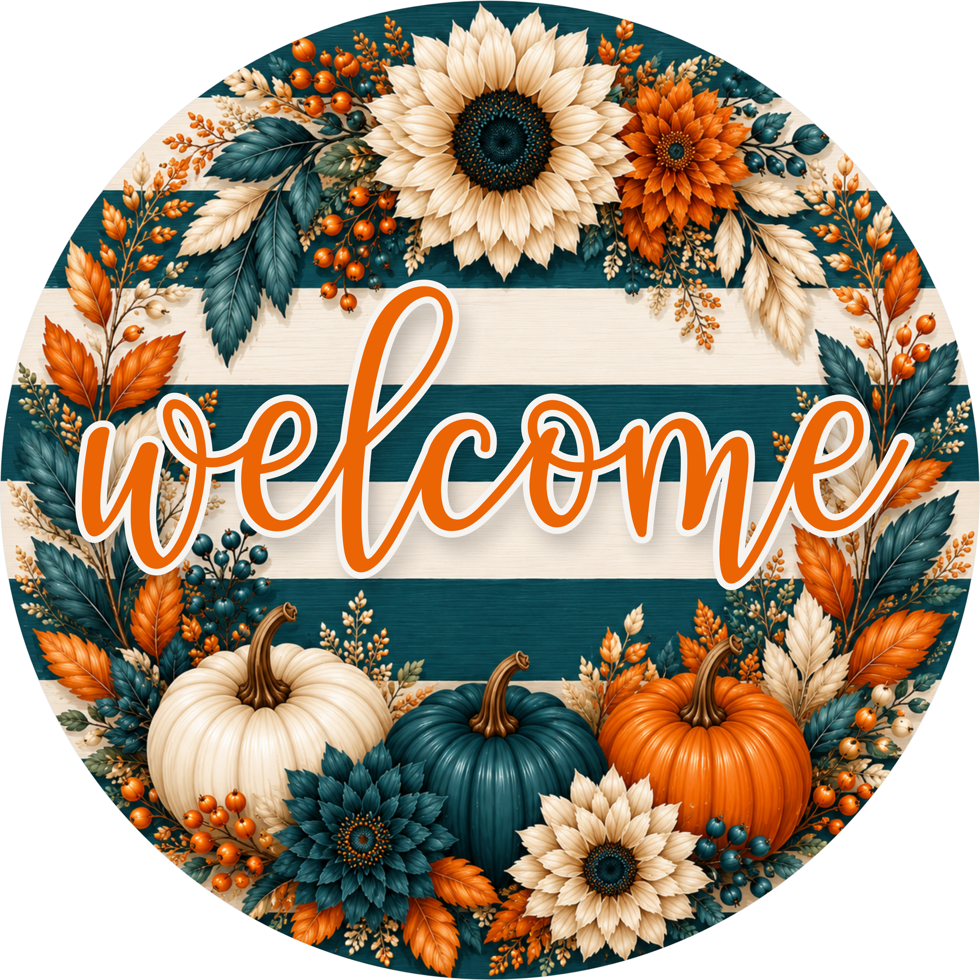 Welcome Blue Orange Striped Round Wreath Sign