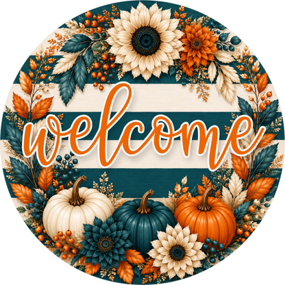 Welcome Blue Orange Striped Round Wreath Sign