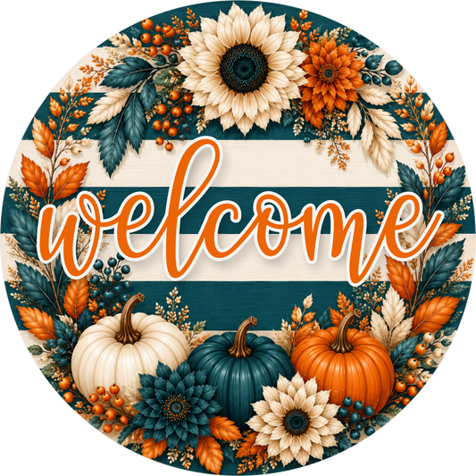 Welcome Blue Orange Striped Round Wreath Sign