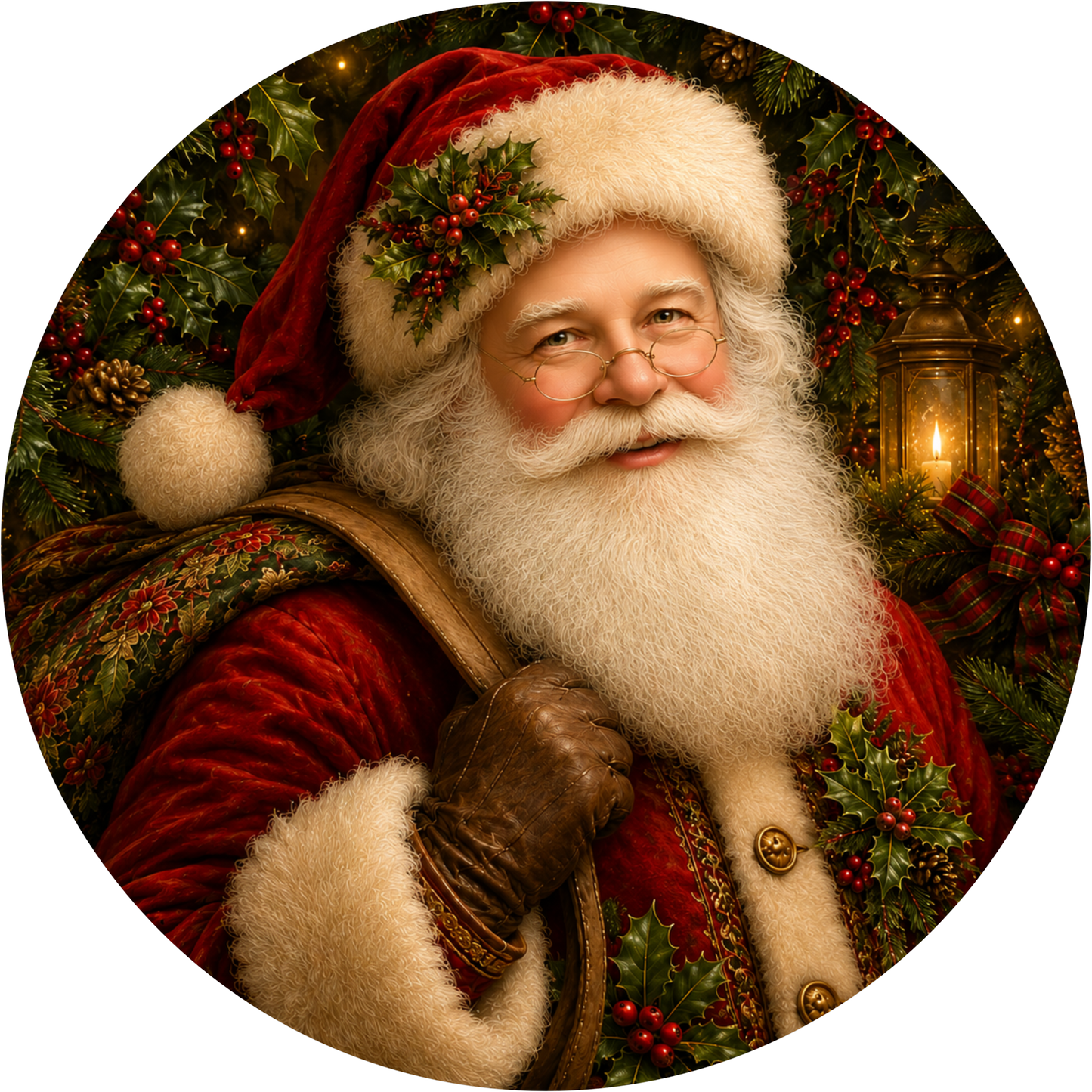 Santa in Red with Holly — Christmas Round Wreath Sign
