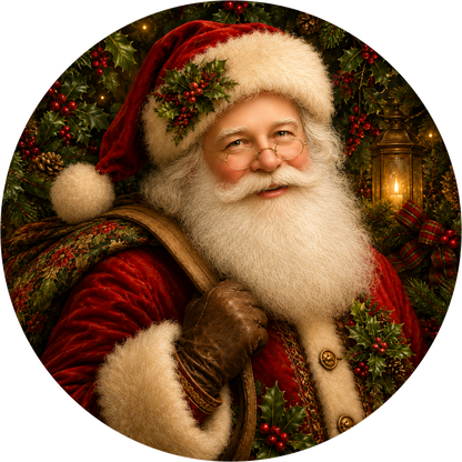 Santa in Red with Holly — Christmas Round Wreath Sign