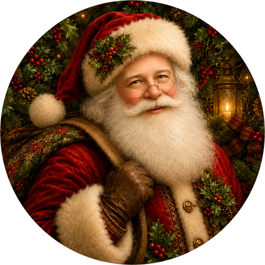Santa in Red with Holly — Christmas Round Wreath Sign