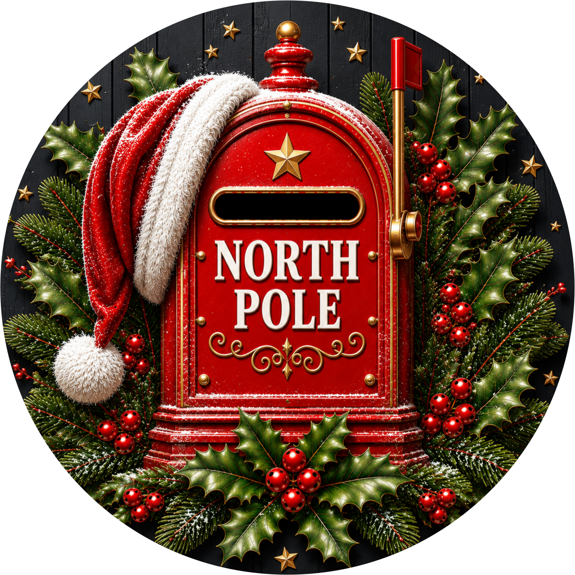 North Pole Mailbox — Christmas Round Wreath Sign
