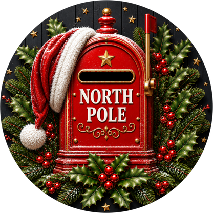 North Pole Mailbox — Christmas Round Wreath Sign