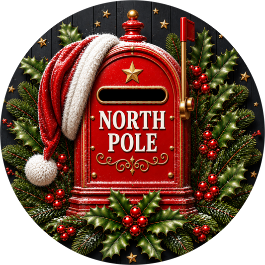 North Pole Mailbox — Christmas Round Wreath Sign