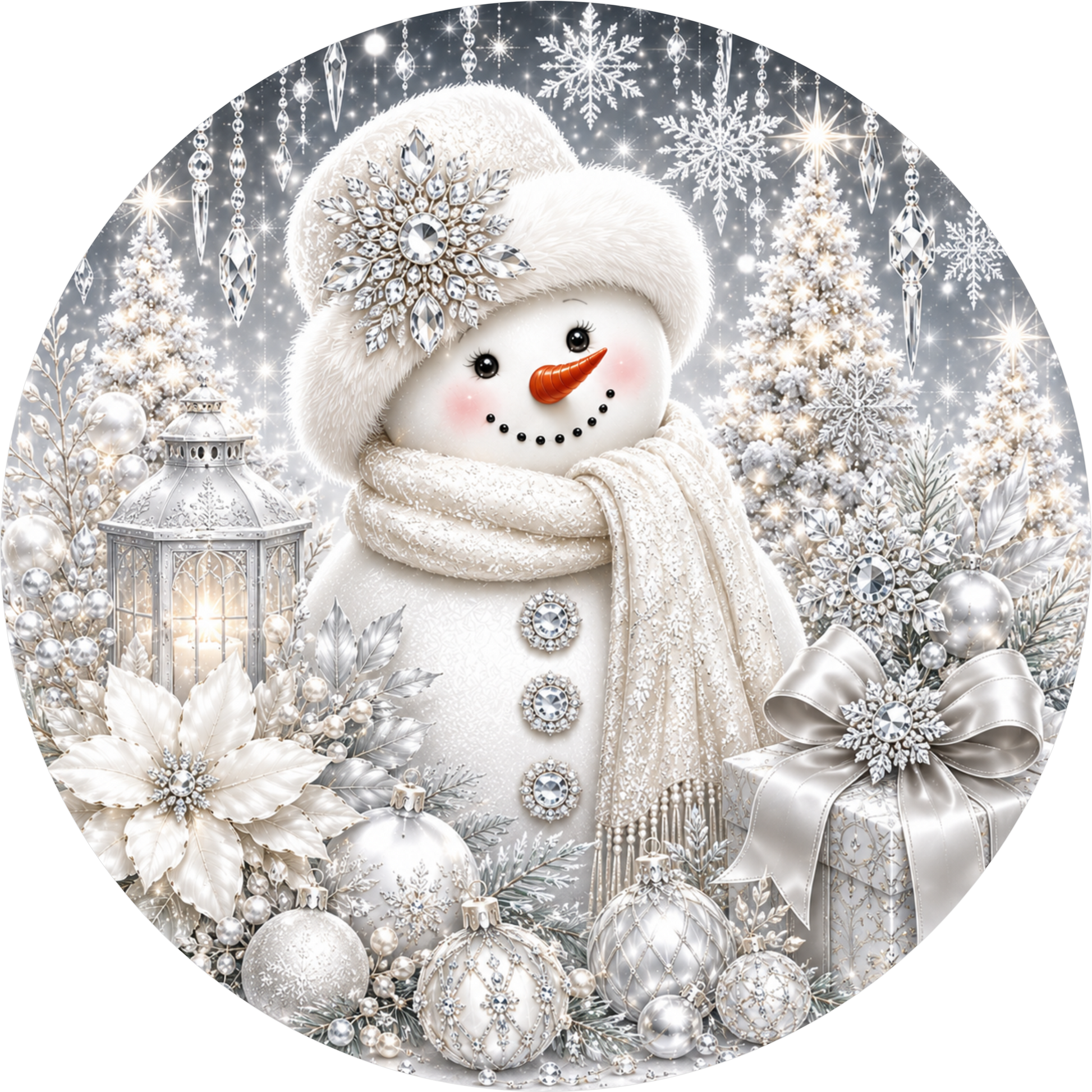 White-on-White Snowman — Winter Round Wreath Sign