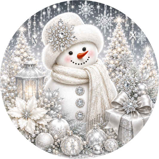 White-on-White Snowman — Winter Round Wreath Sign