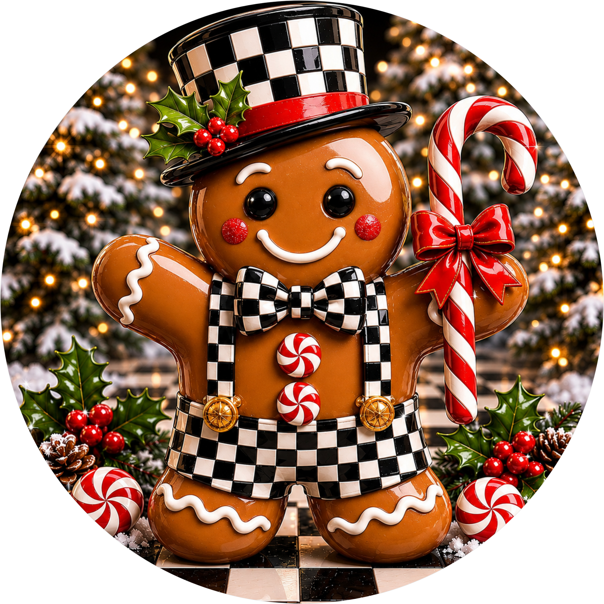 Gingerbread in Jordan Check — Christmas Round Wreath Sign