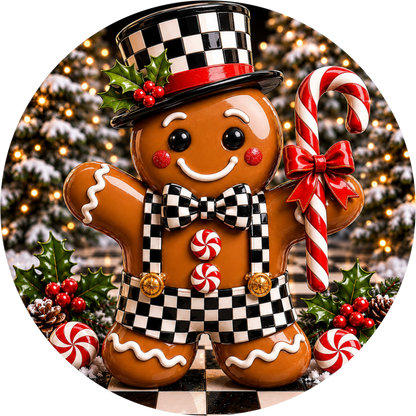 Gingerbread in Jordan Check — Christmas Round Wreath Sign