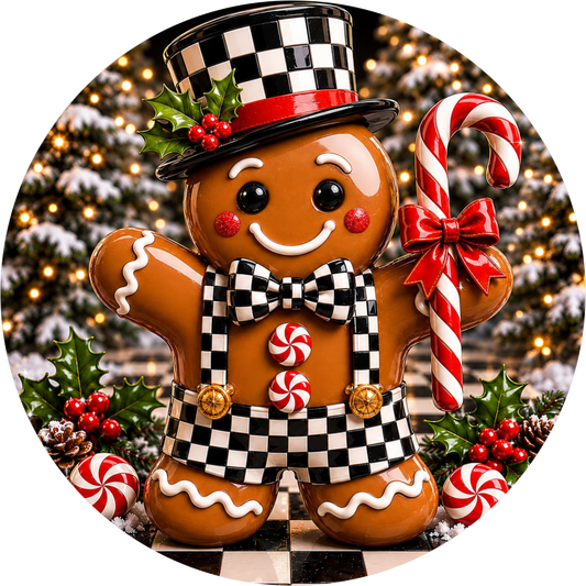 Gingerbread in Jordan Check — Christmas Round Wreath Sign