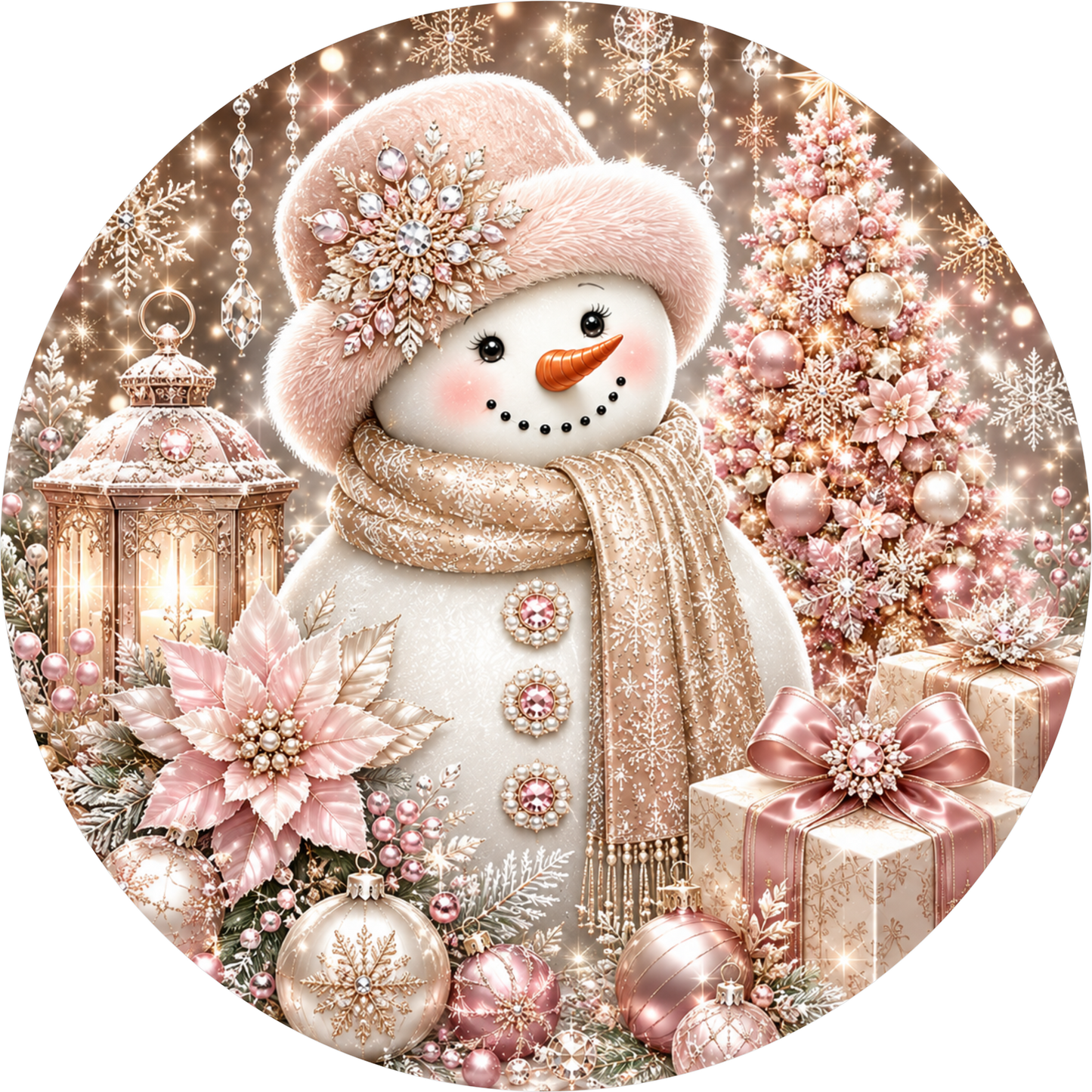 Pink Metallic Snowman — Winter Round Wreath Sign