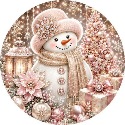 Pink Metallic Snowman — Winter Round Wreath Sign