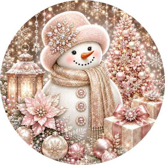 Pink Metallic Snowman — Winter Round Wreath Sign