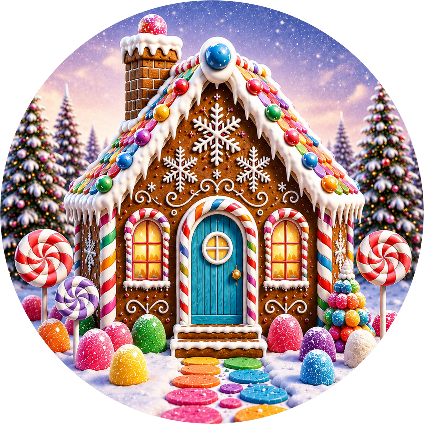 Gingerbread House in Blue — Christmas Round Wreath Sign