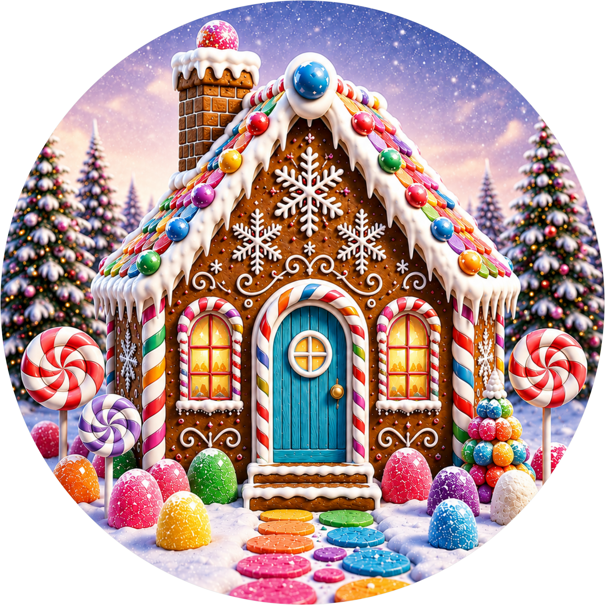 Gingerbread House in Blue — Christmas Round Wreath Sign