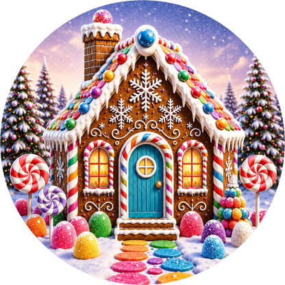 Gingerbread House in Blue — Christmas Round Wreath Sign