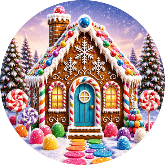 Gingerbread House in Blue — Christmas Round Wreath Sign