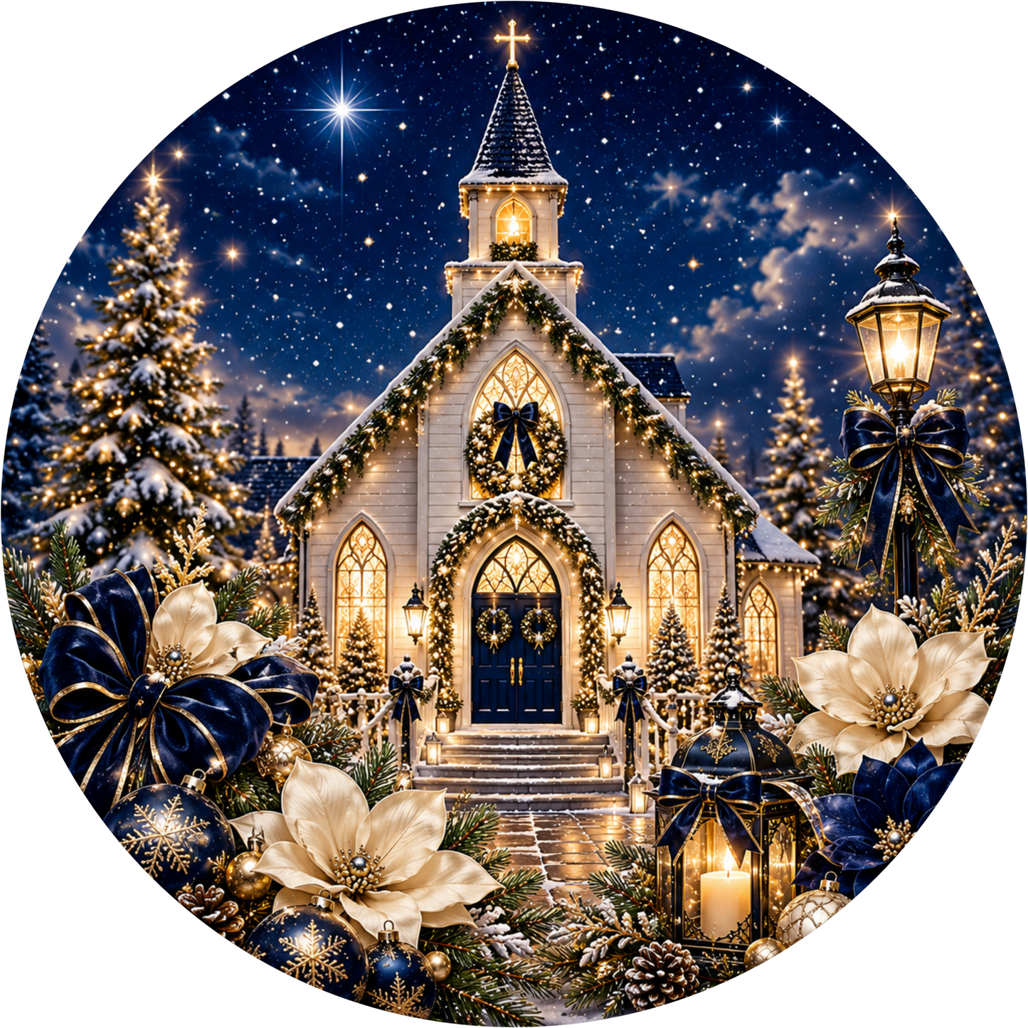 White Church — Christmas Round Wreath Sign