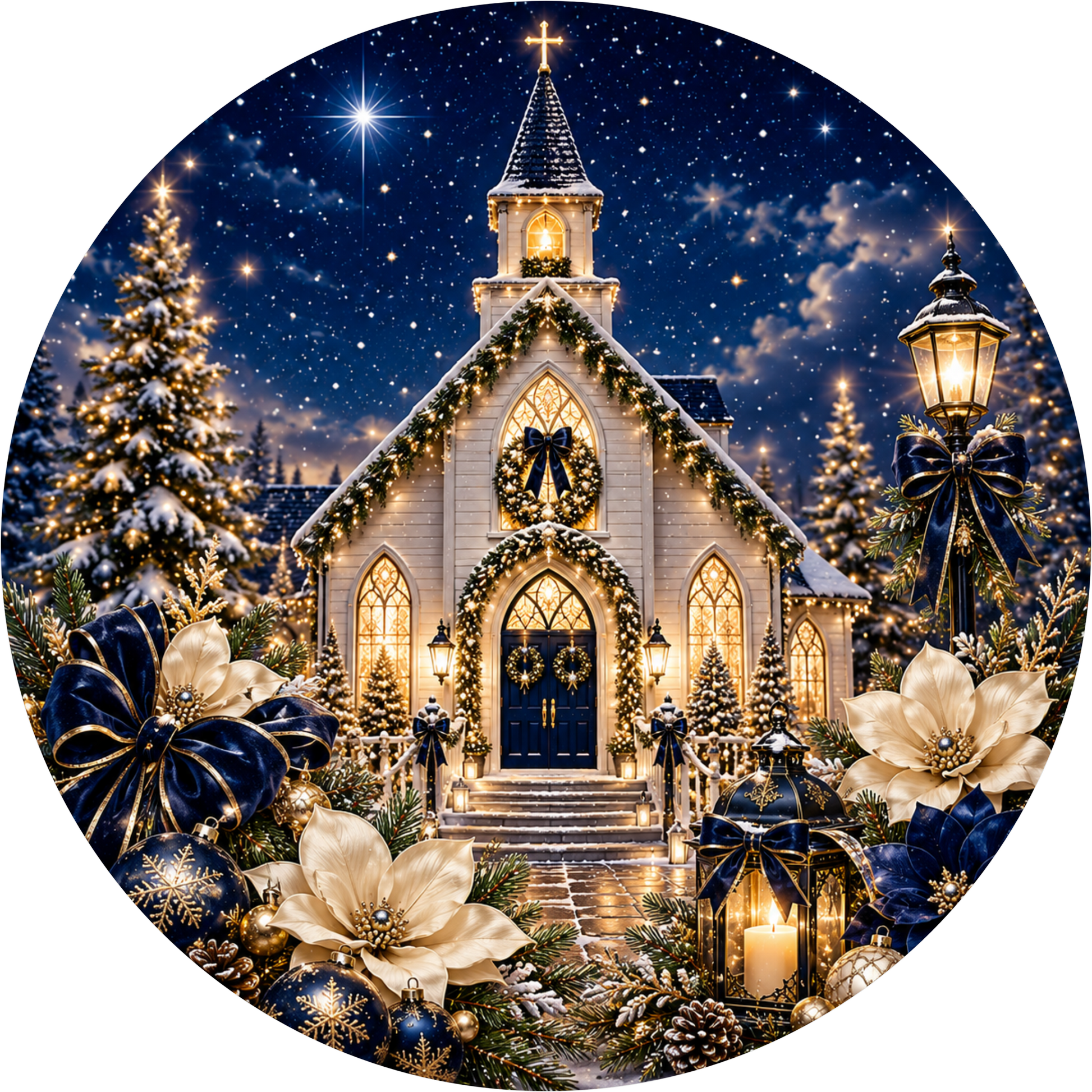 White Church — Christmas Round Wreath Sign