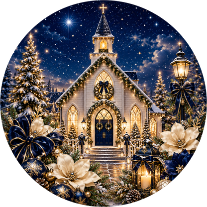 White Church — Christmas Round Wreath Sign