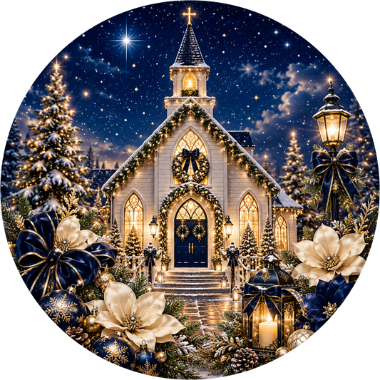 White Church — Christmas Round Wreath Sign