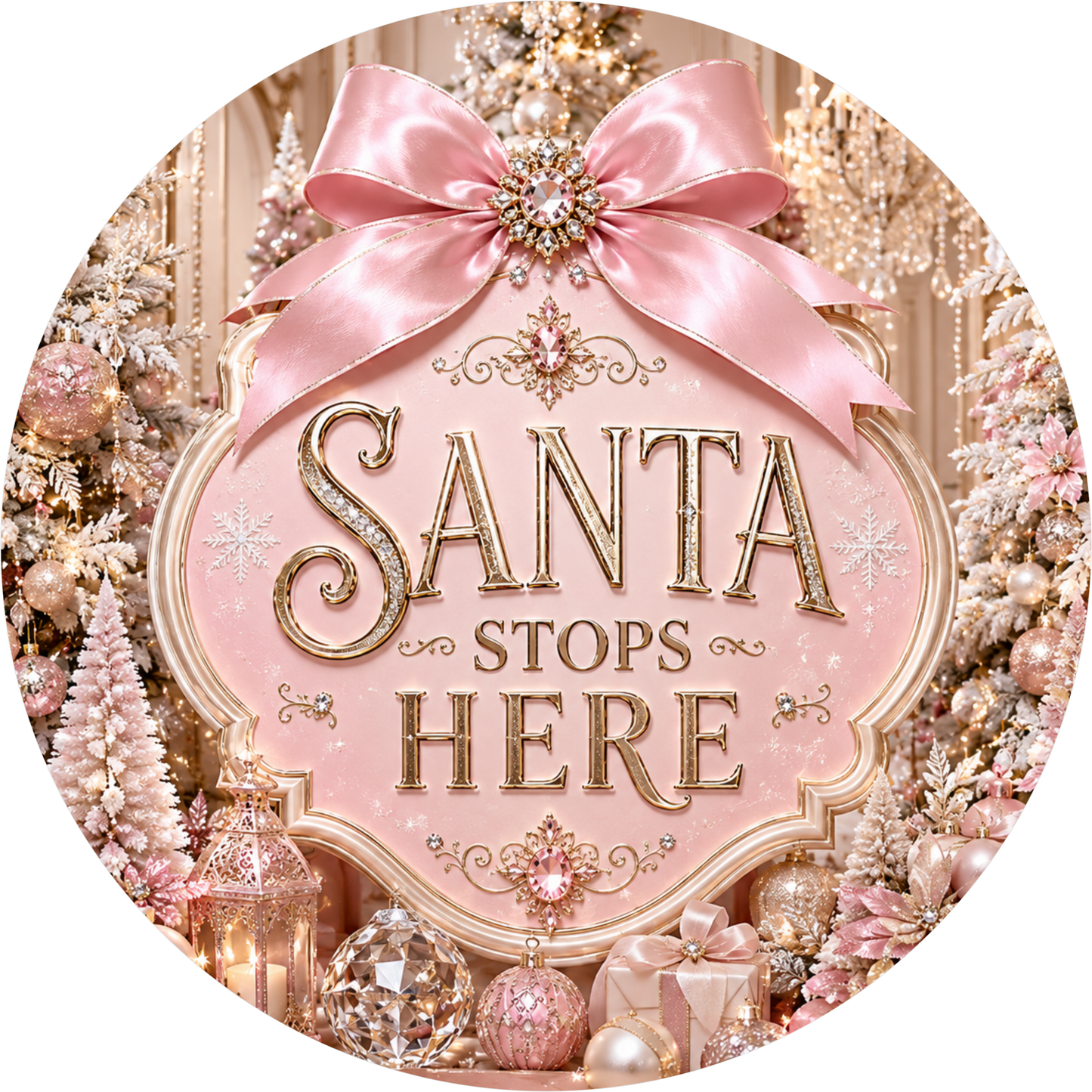 Santa Stops Here in Pink — Christmas Round Wreath Sign