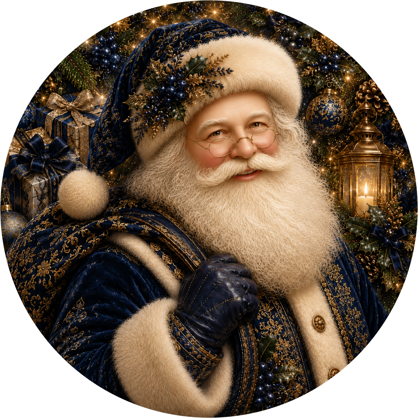 Santa in Blue and Gold — Christmas Round Wreath Sign