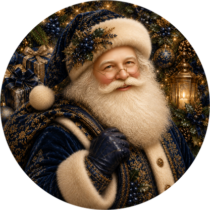 Santa in Blue and Gold — Christmas Round Wreath Sign