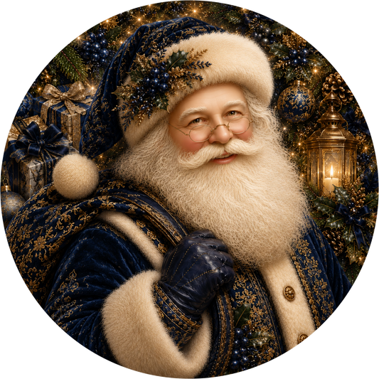 Santa in Blue and Gold — Christmas Round Wreath Sign