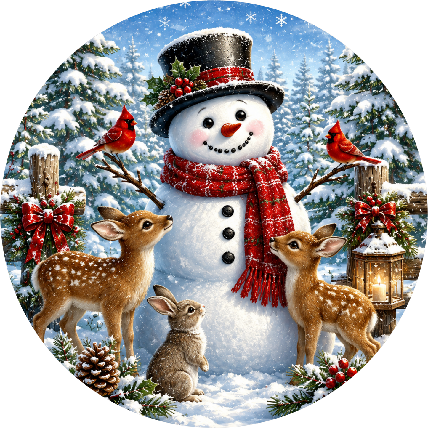 Snowman and His Friends — Winter Round Wreath Sign