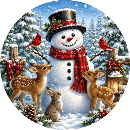 Snowman and His Friends — Winter Round Wreath Sign