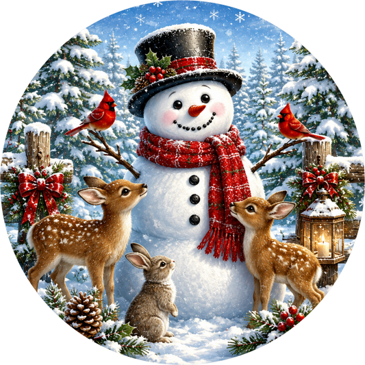 Snowman and His Friends — Winter Round Wreath Sign