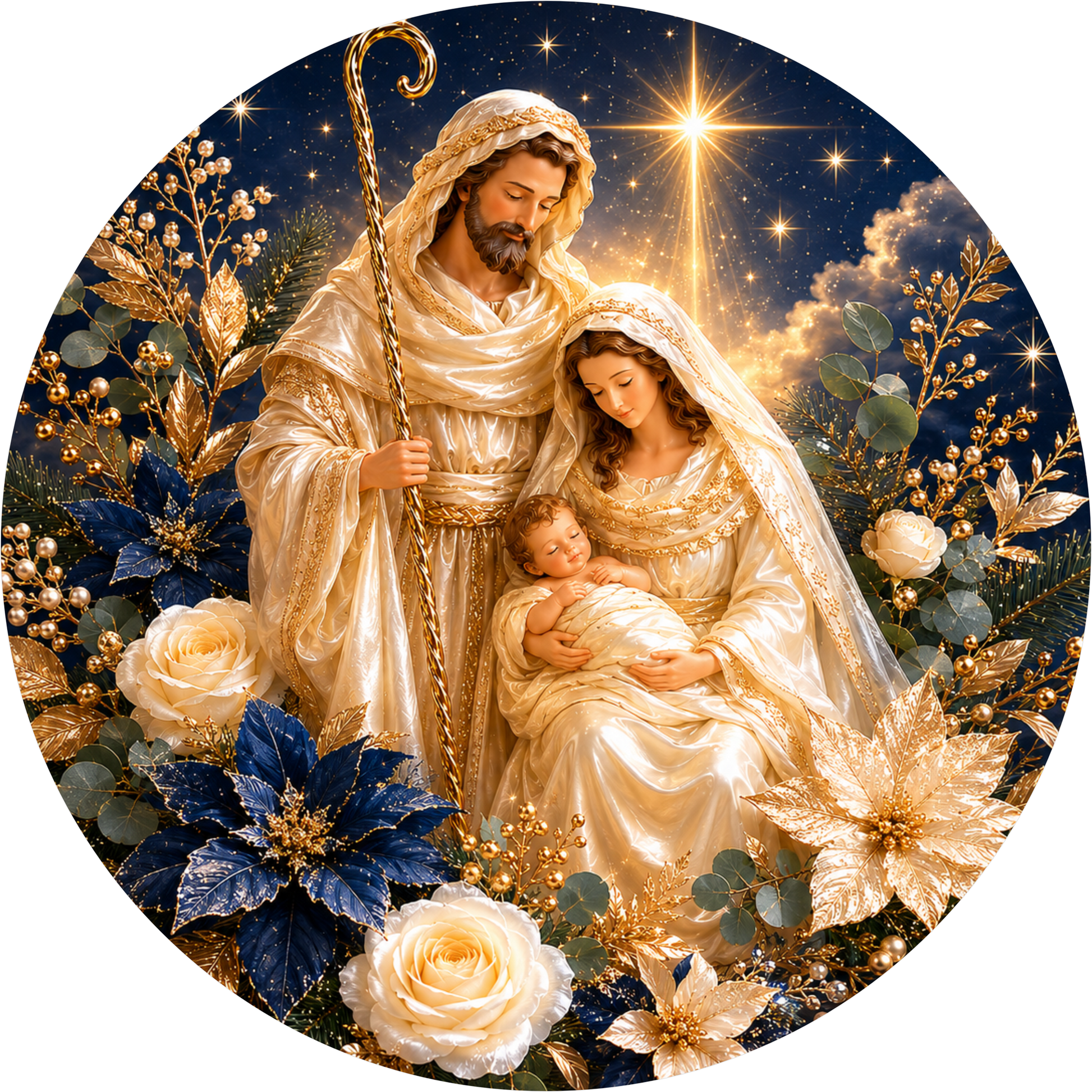 White and Blue Nativity — Christmas Round Wreath Sign