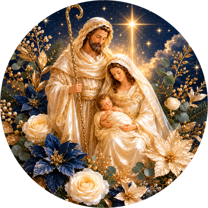 White and Blue Nativity — Christmas Round Wreath Sign