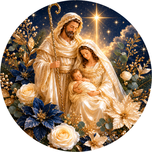 White and Blue Nativity — Christmas Round Wreath Sign