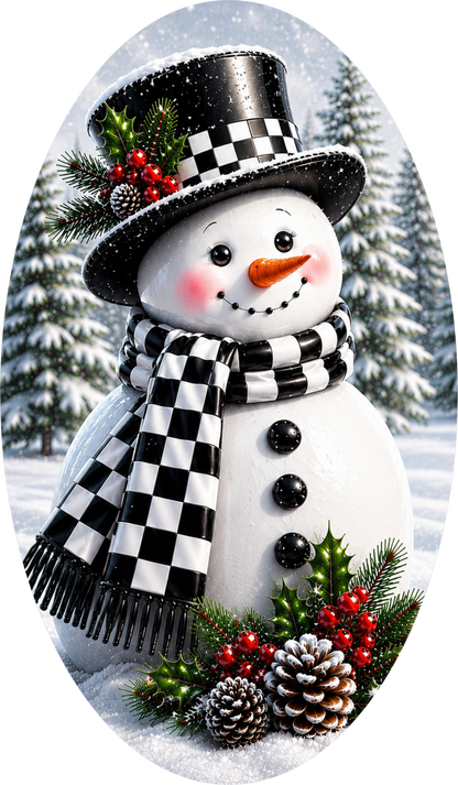 Checkered Snowman — Winter Oval Wreath Sign