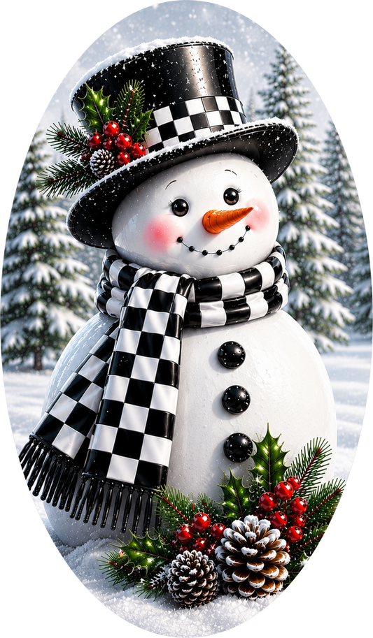 Checkered Snowman — Winter Oval Wreath Sign