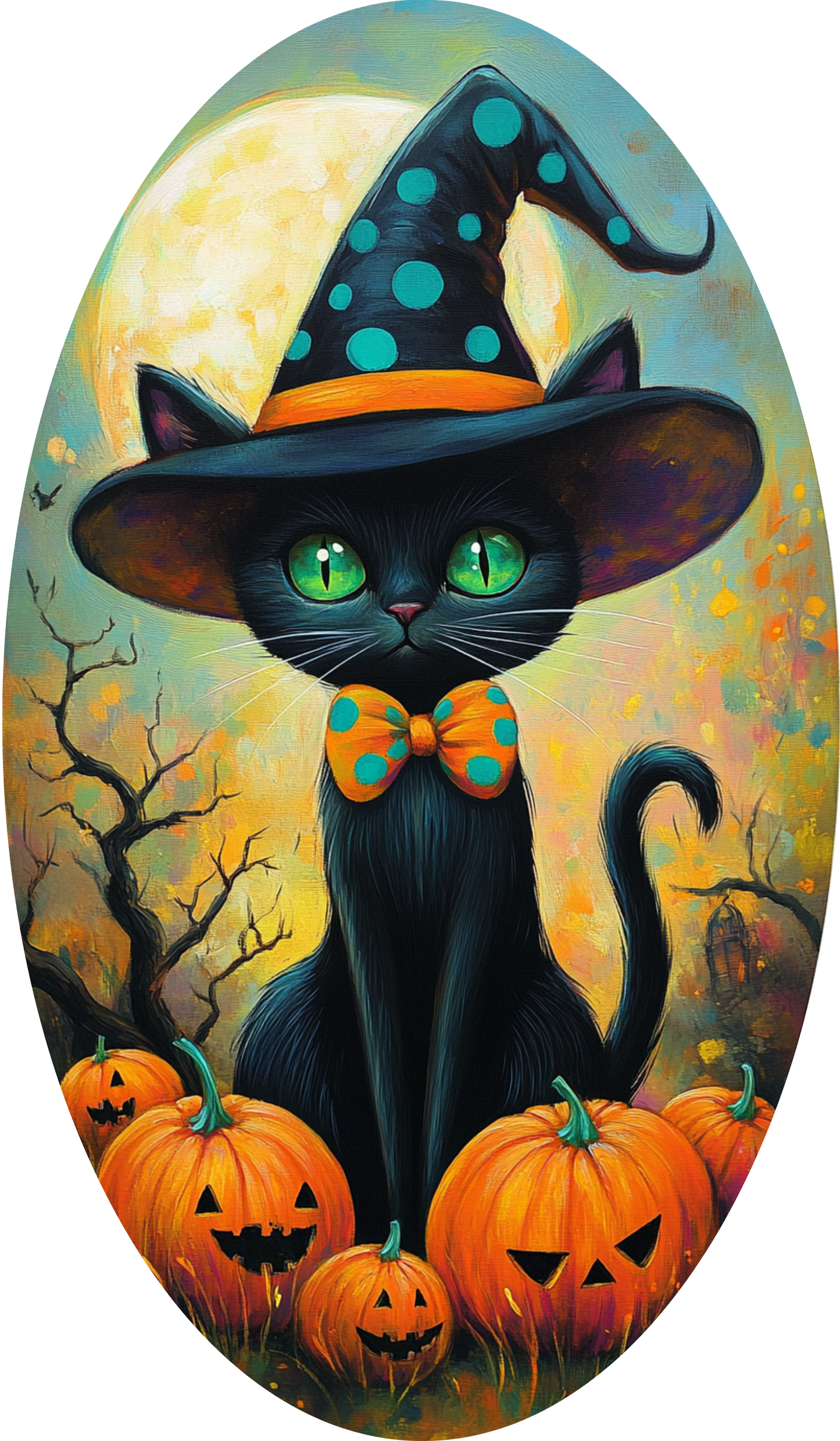Halloween Black Cat Witch Hat Pumpkin Wreath Sign