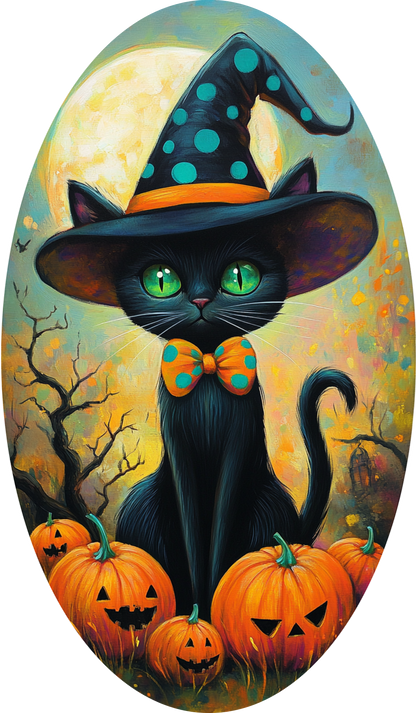 Halloween Black Cat Witch Hat Pumpkin Wreath Sign