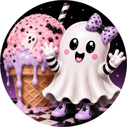 Cute Ghost Girl Ice Cream Cone Purple Bow Halloween Wreath Sign