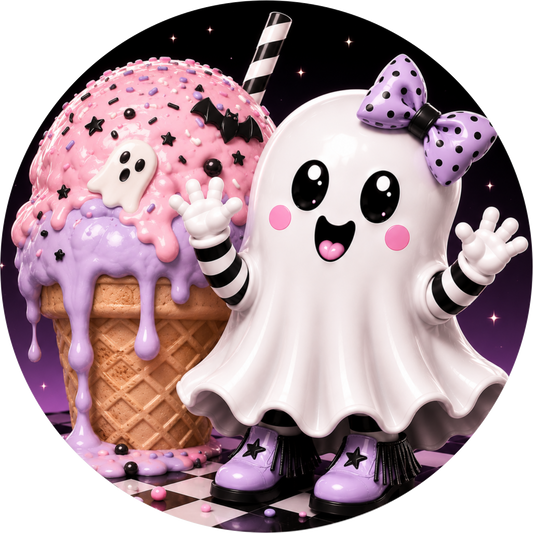 Cute Ghost Girl Ice Cream Cone Purple Bow Halloween Wreath Sign