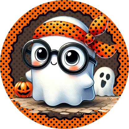 Cute Ghost Glasses Orange Polka Dot Bow Pumpkin Halloween Wreath Sign