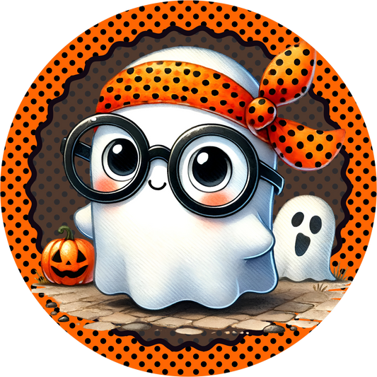 Cute Ghost Glasses Orange Polka Dot Bow Pumpkin Halloween Wreath Sign