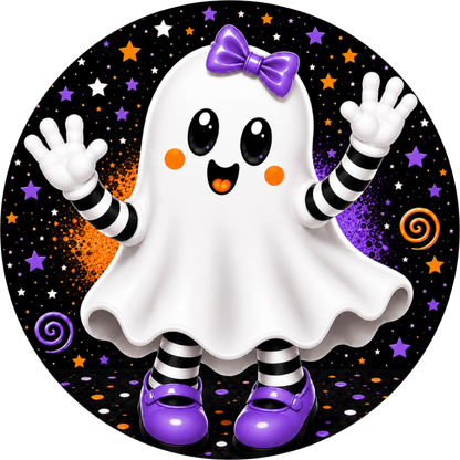 Cute Ghost Girl Purple Bow Striped Socks Halloween Wreath Sign