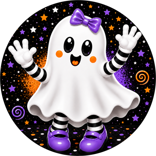 Cute Ghost Girl Purple Bow Striped Socks Halloween Wreath Sign