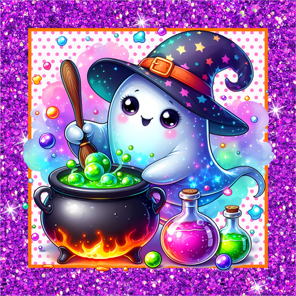 Cute Ghost Witch Hat Cauldron Glitter Polka Dots Halloween Wreath Sign